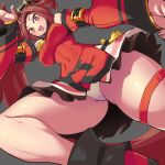  1girl bangs bare_legs bare_shoulders blush breasts brown_eyes brown_hair china_dress chinese_clothes covered_navel detached_sleeves dress fighting_stance from_below grey_background guilty_gear guilty_gear_xrd hair_ornament hairclip high_heels highres kara_age kuradoberi_jam large_breasts leg_up long_hair looking_at_viewer looking_down open_mouth panties simple_background skin_tight skirt solo thick_thighs thigh_strap thighs underwear upskirt white_panties wide_sleeves 