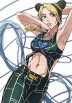  1girl abs armpits arms_up blonde_hair braid braided_ponytail brooch commentary_request cowboy_shot double_bun green_eyes green_hair green_lips green_nails green_pants hair_bun halterneck highres jewelry jojo_no_kimyou_na_bouken kujo_jolyne midriff multicolored_hair navel pants solo stone_free stone_ocean string tattoo two-tone_hair white_background zaoanjisi 