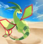  black_eyes bright_pupils cloud commentary day desert fang flygon flying from_behind highres horezai open_mouth outdoors pokemon sand sky white_pupils 