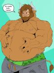  anthro beard belly biceps big_belly bottomwear bovid bovine bulge cattle clothed clothing deadanthro english_text facial_hair facial_piercing hi_res horn lip_piercing male mammal musclegut muscular navel nipples overweight pants piercing solo text topless underwear 