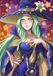 blue_dress breasts dress dtra fire_emblem fire_emblem:_three_houses fire_emblem_heroes flower green_eyes green_hair halloween_costume hand_on_own_chest hat highres large_breasts official_alternate_costume pink_lips rhea_(fire_emblem) star_(symbol) tassel watermark witch witch_hat 
