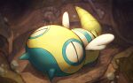  blurry closed_eyes commentary_request dunsparce fossil full_body naoki_eguchi no_humans pokemon pokemon_(creature) rock soil solo spikes 