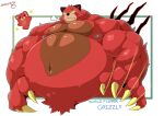 2yakitori2 5_fingers anthro belly belly_tuft big_belly big_muscles black_nose breath claws fangs fingers fur grizzly_(world_flipper) hi_res male mammal musclegut muscular muscular_anthro muscular_male nipples no_pupils overweight overweight_anthro overweight_male pecs red_belly red_body red_fur scar_over_eye solo standing swipe swiping tuft ursid world_flipper 