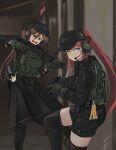  2girls absurdres bag_charm baseball_cap black_shorts black_thighhighs blue_eyes brown_eyes brown_hair bulletproof_vest charm_(object) closed_mouth from_side gloves green_gloves gun handgun hat headphones headset heterochromia highres holding holding_gun holding_weapon long_hair looking_at_viewer looking_to_the_side microphone military military_uniform multiple_girls open_mouth original police polilla ponytail pouch red_hair robert_e._o._speedwagon sharp_teeth short_shorts shorts shotgun tactical_clothes teeth thighhighs trigger_discipline uniform upper_teeth very_long_hair weapon yellow_eyes 
