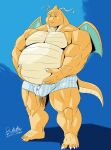  5_fingers 5_toes anthro bulge clothed clothing deadanthro dragonite feet fingers generation_1_pokemon hi_res holding_belly horn male nintendo overweight pecs plantigrade pokemon pokemon_(species) solo toes topless underwear video_games wings 