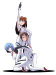  3girls arm_up ass ayanami_rei bangs blue_eyes blue_hair bodysuit breasts bright_pupils brown_hair commentary covered_navel evangelion:_3.0+1.0_thrice_upon_a_time glasses gundam gundam_narrative hair_between_eyes hair_ornament hair_over_one_eye hairband highres interface_headset kneeling long_hair makinami_mari_illustrious medium_breasts multiple_girls narrative_formation neon_genesis_evangelion parody pilot_suit plugsuit pose rebuild_of_evangelion red-framed_eyewear red_eyes sasihmi short_hair simple_background smile souryuu_asuka_langley standing twintails white_background white_bodysuit white_pupils 