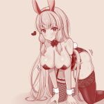  1girl all_fours animal_ears ankuru_(ankle_art2) assault_lily asymmetrical_legwear bangs bare_shoulders blush bow bowtie breasts brown_background brown_theme cleavage closed_mouth commentary_request fake_animal_ears fake_tail fishnet_thighhighs fishnets foot_out_of_frame garter_straps hair_tie hairband hanging_breasts heart highleg highleg_leotard lace-trimmed_legwear lace-trimmed_thighhighs lace_trim large_breasts leotard long_hair looking_at_viewer mismatched_legwear monochrome motion_lines playboy_bunny rabbit_ears rabbit_tail side-tie_leotard sidelocks simple_background single_garter_strap smile solo strapless strapless_leotard sweat tachihara_sayu tail thighhighs v-shaped_eyebrows very_long_hair wrist_cuffs 