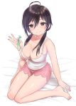  1girl absurdres ahoge bare_arms bare_legs bare_shoulders barefoot black_hair breasts brown_eyes cleavage closed_mouth collarbone colored_condom condom cum dot_nose hand_up highres holding holding_condom large_breasts long_hair looking_at_viewer low_twintails original pink_shorts puchiman shorts sitting smile solo tank_top twintails used_condom wariza white_tank_top 