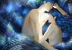 1boy 1girl artist_name blue_background blue_hair commentary_request constellation cuddling gavin_(jypic) hetero highres korean_commentary long_hair lying on_side original parted_lips short_hair sleeping smile topless topless_male upper_body 
