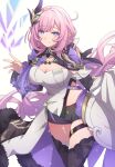  1girl black_shorts black_thighhighs blue_eyes breasts cape cleavage closed_mouth commentary cowboy_shot dress elysia_(herrscher_of_human:ego) elysia_(honkai_impact) fur-trimmed_cape fur_trim hair_ornament honkai_(series) honkai_impact_3rd long_hair looking_at_viewer medium_breasts midriff pink_hair pink_pupils pointy_ears short_shorts shorts simple_background smile soha_ez solo thigh_strap thighhighs very_long_hair waist_cape white_background white_dress zettai_ryouiki 
