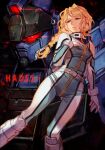  1girl astronaut bangs blonde_hair bodysuit breasts character_request cleavage copyright_request english_text feet_out_of_frame gloves glowing glowing_eyes gundam hungry_clicker long_hair looking_to_the_side open_mouth pilot_suit purple_eyes robot science_fiction solo space spacesuit teeth 