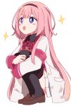  1girl black_thighhighs blue_eyes bright_pupils ixy jacket long_hair long_sleeves looking_up nijisanji open_mouth pink_hair smile solo squatting suo_sango thighhighs white_jacket white_pupils 