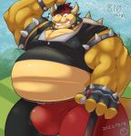  2022 2_horns 2yakitori2 4_fingers anthro armband belly belt big_belly big_bulge big_muscles black_clothing black_shirt black_topwear bodily_fluids bowser bracelet bulge clothing collar detailed_background dialogue english_text exposed_belly fingerless_gloves fingers gloves golf golf_club hair handwear hat headgear headwear hi_res horn huge_muscles jewelry koopa male mario_bros mario_golf mario_golf:_super_rush motion_lines musclegut muscular muscular_anthro muscular_male nintendo overweight overweight_anthro overweight_male pecs red_eyes red_hair scalie sharp_teeth shirt solo speech_bubble spiked_armband spiked_bracelet spiked_collar spikes standing sweat teeth text thick_thighs topwear video_games visor_cap 