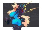  1girl absurdres animal_ear_fluff animal_ears ass backpack bag black_gloves blonde_hair blue_bodysuit bodysuit breasts closed_mouth commission dark-skinned_female dark_skin exoskeleton from_behind gloves gun handgun highres holding holding_gun holding_weapon huge_breasts long_hair looking_at_viewer looking_back original polilla ponytail science_fiction solo standing tail thighhighs weapon 