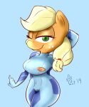  2019 anthro applejack_(mlp) blonde_hair blue_background blue_clothing bodysuit catlion3 clothing cosplay curvy_figure digital_drawing_(artwork) digital_media_(artwork) earth_pony equid equine eyelashes female freckles friendship_is_magic green_eyes hair hand_behind_head hasbro hi_res horse lidded_eyes mammal metroid my_little_pony nintendo nipple_slip nipples one_eye_closed pony ponytail pose signature simple_background skinsuit smile smiling_at_viewer solo tailless tight_clothing torn_clothing video_games wardrobe_malfunction wide_hips wink zero_suit 