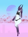  anthro black_clothing blush bovid caprine clothing female fur gesture goat hair hi_res hooves kindred_(lol) league_of_legends mammal mask navel purple_body purple_fur purple_hair riot_games solo squablodecomplash topwear underwear v_sign video_games white_body white_fur white_hair 