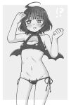  !? 1girl absurdres ahoge alternate_costume bat_wings bikini breasts cleavage_cutout clothing_cutout demon_girl demon_wings eyebrows_hidden_by_hair greyscale highres kantai_collection kishinami_(kancolle) monochrome navel onguuchi short_hair side-tie_bikini_bottom small_breasts solo standing swimsuit turtleneck wings 