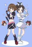  2boys alternate_costume arrow_(symbol) bangs bike_shorts black_gloves black_socks blue_background bow bowtie bright_pupils brown_eyes brown_hair closed_mouth commentary_request cosplay crossdressing cure_black cure_black_(cosplay) cure_white cure_white_(cosplay) detached_sleeves futari_wa_precure gloves hand_on_hip hand_up heart highres hilbert_(pokemon) loose_socks male_focus multiple_boys nate_(pokemon) navel pokemon pokemon_(game) pokemon_bw pokemon_bw2 precure red_footwear sana_(37pisana) shoes short_hair skirt smile socks sparkle standing white_bow white_bowtie white_footwear white_pupils 