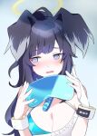  1girl absurdres animal_ears bangs bare_shoulders black_hair blue_archive blue_background blue_eyes blush breasts cleavage dog_ears dog_girl embarrassed goggles gradient gradient_background halo hibiki_(blue_archive) highres long_hair looking_at_viewer open_mouth sasabe_opika solo twintails upper_body wrist_cuffs wristband 