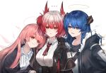  ... 3girls animal_ears arknights bird_ears black_jacket blue_eyes blue_hair breasts bright_pupils collared_shirt commentary_request detached_wings energy_wings fiammetta_(arknights) frown fur-trimmed_hood fur_trim gloves grey_gloves hair_between_eyes halo hand_on_another&#039;s_shoulder highres hood hood_down hooded_jacket jacket lemuen_(arknights) long_hair long_sleeves mabing medium_breasts mostima_(arknights) multiple_girls necktie open_clothes open_jacket parted_lips pink_hair red_eyes red_hair red_necktie shirt short_hair short_necktie simple_background smile striped striped_shirt white_background white_pupils white_shirt wings 