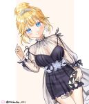  1girl black_dress blonde_hair blue_eyes breasts cleavage collarbone cowboy_shot dress earrings eyebrows_hidden_by_hair floral_print grin hair_bun hand_up hololive hololive_english jewelry large_breasts light_blush long_sleeves looking_at_viewer official_alternate_costume pearl_choker see-through see-through_sleeves short_dress sidelocks simple_background smile solo straight-on thigh_gap tiara virtual_youtuber watch watson_amelia zzinbbang 