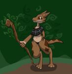  :3 anthro belly black_clothing brown_body brown_eyes brown_scales brown_tail clothing female hi_res kobold magic magic_staff markings multicolored_body multicolored_scales multicolored_tail navel paws scales scalie smile solo squablodecomplash staff stick wiggles_(squablodecomplash) 