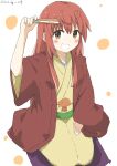  1girl absurdres ahoge bangs blush brown_eyes buratei_marii clenched_teeth commentary cynical_(llcbluckg_c004) grin hand_fan haori highres holding holding_fan japanese_clothes joshiraku kimono long_hair long_sleeves looking_at_viewer red_hair simple_background sitting smile solo teeth twitter_username white_background wide_sleeves yellow_kimono 