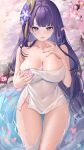  1girl absurdres bangs blush braid braided_ponytail breasts cleavage collarbone congqian_you_ke_xing covered_navel cup flower genshin_impact hair_ornament highres large_breasts long_hair looking_at_viewer mole mole_under_eye mug naked_towel petals purple_eyes purple_flower purple_hair raiden_shogun solo thighs tongue tongue_out towel very_long_hair water wet 