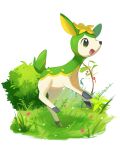  :d animal_focus bush commentary deerling from_side full_body grass green_eyes happy highres horezai open_mouth pokemon smile tongue white_background 