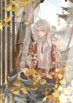  1boy absurdres ahoge architecture autumn_leaves bird chinese_clothes ciqingsuijia east_asian_architecture expressionless ginkgo_leaf hanfu highres hua_yi_shan_xin_zhi_yue jade_(gemstone) leaf long_hair looking_at_viewer male_focus red_eyes solo tassel xie_xingyi 