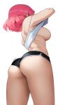 1girl artist_name ass back bare_shoulders black_shorts breasts camisole clothes_lift commentary cowboy_shot curly_hair dolphin_shorts eden_(shiroki_yuutsu) facing_away flower-shaped_hair from_behind from_below highres large_breasts lifted_by_self original pink_hair shirt_lift short_hair short_shorts shorts shoulder_blades simple_background solo thighs white_background white_camisole 
