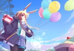  1girl absurdres amiya_(arknights) animal_ear_fluff animal_ears arknights artist_name ascot balloon bangs black_pantyhose blue_eyes blue_sky blurry bokeh brown_hair carnival chinese_commentary closed_mouth cowboy_shot depth_of_field ferris_wheel flag gift han_mao_ji_moki highres holding holding_balloon jacket light_frown light_particles long_bangs long_hair looking_at_viewer open_clothes open_jacket outdoors pantyhose pleated_skirt puffy_sleeves rabbit_ears rabbit_girl skirt sky solo 