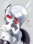  2019 anthro areola big_breasts breasts canid canid_demon catlion3 cellphone clothing covering covering_breasts demon digital_drawing_(artwork) digital_media_(artwork) female frown fur g-string grey_background hair helluva_boss hi_res holding_cellphone holding_object holding_phone loona_(helluva_boss) mammal mostly_nude narrowed_eyes navel nipples notched_ear panties phone pink_areola pink_nipples red_eyes red_phone red_sclera signature silver_hair simple_background solo torn_clothing underwear white_body white_fur 