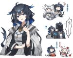  1other 3girls ahoge ambiguous_gender animal_ears arknights black_coat blue_hair brushing_hair cape chibi closed_eyes coat cooking_pot doctor_(arknights) eating grey_cape grey_shirt hair_brush hair_ornament highres jewelry kjera_(arknights) leopard_ears leopard_girl leopard_tail long_hair mabing multicolored_hair multiple_girls necklace nian_(arknights) open_clothes open_coat pramanix_(arknights) shirt short_hair streaked_hair tail translated white_background 