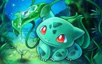  akuru_(akr369akr) bright_pupils bulbasaur claws closed_mouth commentary_request grass leaf no_humans outdoors pokemon pokemon_(creature) red_eyes smile solo water water_drop watering white_pupils 