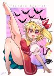  1girl ascot bare_legs barefoot blonde_hair carte feet flandre_scarlet full_moon hat highres laevatein_(tail) laevatein_(touhou) mob_cap moon open_mouth pointy_ears puffy_short_sleeves puffy_sleeves red_eyes short_sleeves signature skirt soles solo tail toes touhou wings 