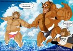  anthro beard beast_(disney) belly bovid bovine bulge cattle clothing cloud deadanthro duo english_text facial_hair fangs happy hi_res horn male male/male mammal muscular nipples overweight sea smule text underwear water 