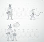  anthro bathroom canid canine canis comparing comparing_penis crimetxt didelphid duo fylk genitals hi_res humor male male/male mammal marsupial penis public_restroom size_difference smile urinal urinal_peeking virginia_opossum wolf 
