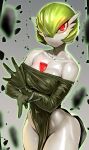  1girl alternate_costume bangs bare_shoulders blurry blurry_background bob_cut breasts brown_dress closed_mouth colored_skin cowboy_shot dress floating floating_object gardevoir green_hair groin hair_over_one_eye highres large_breasts looking_at_viewer multicolored_skin nisetanaka no_panties off-shoulder_dress off_shoulder pokemon pokemon_(creature) red_eyes shiny shiny_clothes shiny_skin short_hair solo standing stone telekinesis two-tone_skin white_skin 