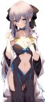  1girl absurdres armpit_crease black_dress black_thighhighs blue_choker blue_eyes bow braid breasts center_opening choker cleavage cowboy_shot dress expressionless fate/grand_order fate_(series) grey_hair hair_bow hand_on_own_chest hand_up highres hood hood_down jun_(aousa0328) long_hair long_sleeves looking_at_viewer medium_breasts morgan_le_fay_(fate) navel pelvic_curtain ponytail revealing_clothes simple_background solo standing stomach thighhighs thighs white_background wide_sleeves 