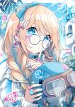  +_+ 1girl absurdres alice_(alice_in_wonderland) alice_in_wonderland bandaid bandaid_on_hand blonde_hair blue_bow blue_eyes blue_hair blue_nails blue_sky blush_stickers bow braid chon_(chon33v) cloud commentary_request day glasses goggles hair_bow hands_up headwear_removed helmet helmet_removed highres holding holding_helmet index_finger_raised jacket long_sleeves looking_at_viewer multicolored_hair nail_art nail_polish original outdoors parted_lips puffy_long_sleeves puffy_sleeves sky sleeves_past_wrists solo streaked_hair traffic_light twin_braids white_jacket 