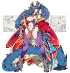  1girl armor blue_hair breasts closed_mouth clothing_cutout commentary_request commission demon_horns fantasy full_body hair_over_eyes horns kafun large_breasts long_hair looking_at_viewer monster_girl moon multicolored_hair navel original purple_hair scale_armor skeb_commission skull solo spikes stomach_cutout sword tail two-tone_hair weapon white_background 