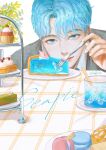  1boy blue_eyes blue_hair cup cupcake drinking_glass english_text food fork gavin_(jypic) highres holding holding_fork korean_commentary male_focus original pie plate shell short_hair solo white_background 