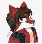  anthro brown_eyes brown_hair canid canine canis clothing fox fur hair hybrid jacket leather leather_clothing male mammal red_body red_clothing red_fur serious_face solo solo_focus topwear traditional_media_(artwork) white_body white_fur wolf xefino 