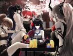  5girls aegir_(azur_lane) alternate_costume animal_ear_fluff animal_ears august_von_parseval_(azur_lane) azur_lane backless_dress backless_outfit bare_back belt black_belt black_choker black_dress black_footwear black_hair black_horns black_shorts boots breasts bremerton_(azur_lane) brown_hair choker cocktail_glass cup curled_horns demon_horns dmno#0 dress drinking_glass horns jean_bart_(azur_lane) jewelry large_breasts long_hair looking_at_viewer magatama magatama_necklace medium_breasts midriff multicolored_hair multiple_girls musashi_(azur_lane) necklace ponytail purple_eyes red_hair shorts strapless strapless_dress streaked_hair twintails two-tone_hair white_dress 