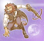  anthro clothed clothing digital_media_(artwork) dnd5e dungeons_and_dragons felid fur hasbro holding_object holding_weapon humanoid lavilovi lion looking_at_viewer male mammal mane pantherine ranged_weapon simple_background smile solo tail_tuft tuft weapon wizards_of_the_coast 