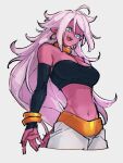  1girl :d android_21 blue_eyes breasts cleavage colored_skin dragon_ball dragon_ball_fighterz earrings grey_background hoop_earrings jewelry kemachiku long_hair majin_android_21 medium_breasts midriff navel open_mouth pink_hair pink_skin simple_background smile solo tail teeth upper_teeth 