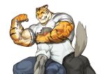  2022 absurd_res anthro anthro_on_anthro barazoku belt bent_over biceps big_muscles blush bottomwear canid canine canis clothed clothing domestic_dog dress_shirt duo eyebrows felid flexing fur furgonomics hi_res huge_muscles looking_at_muscles male male/male mammal muscle_worship muscular muscular_anthro muscular_male narrowed_eyes one_eye_closed pantherine pants pecs scar shirt simple_background sitting size_difference smile teeth tiger tight_clothing topwear traver009 triceps tuft vein veiny_muscles white_background 