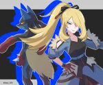  1girl absurdres bangs belt black_background black_ribbon blonde_hair collarbone commentary_request cynthia_(pokemon) gloves hair_over_one_eye hair_ribbon hand_on_hip highres jayj_824 letterboxed long_hair lucario mega_lucario mega_pokemon official_alternate_costume outline outstretched_arm pokemon pokemon_(creature) pokemon_(game) pokemon_masters_ex ponytail red_gloves ribbon sidelocks twitter_username 