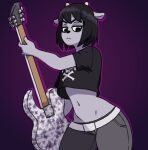  anthro black_clothing black_hair black_shirt black_topwear bottomwear bovid caprine clothed clothing denim denim_clothing eyelashes female fur grey_body grey_bottomwear grey_clothing grey_fur guitar hair hi_res holding_musical_instrument holding_object horn jeans looking_at_viewer mammal musical_instrument navel pants parappa_the_rapper plucked_string_instrument print_clothing print_topwear purple_background rammy_lamb rottedpaint sheep shirt short_hair short_horn simple_background small_horn solo sony_corporation sony_interactive_entertainment string_instrument thick_thighs topwear um_jammer_lammy video_games wide_hips 